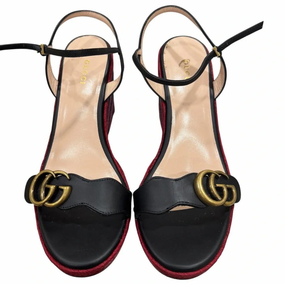 Gucci Lifford Espadrille Platform Sandals GG Marmont Black Red Blue Size 39 - Picture 4 of 10